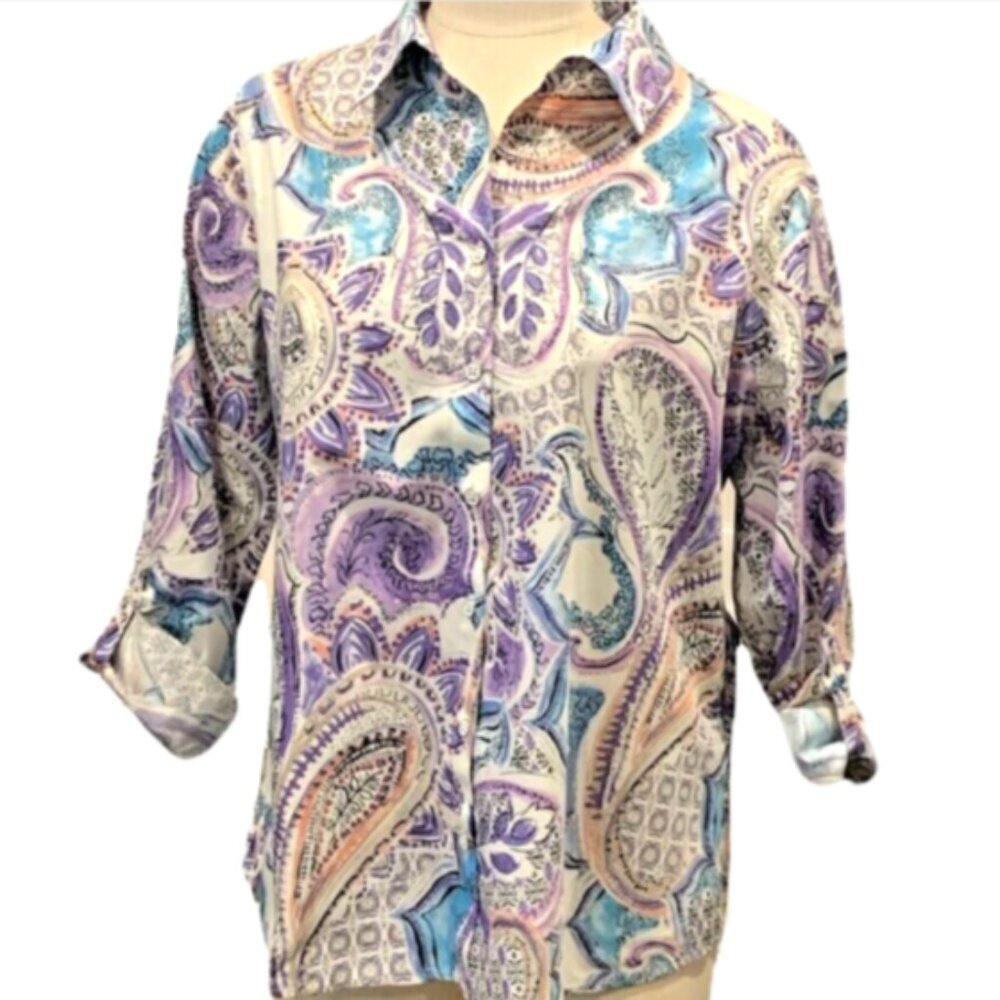 Chico's No-Iron Button Front Blouse Paisley Print Sz 2 (L/12) #201A - Picture 4 of 12